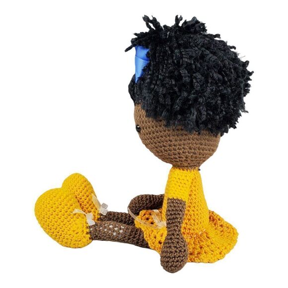 Black African American Handmade Crochet Doll Yellow Dress Bow Long Floppy 26" - Picture 2 of 9